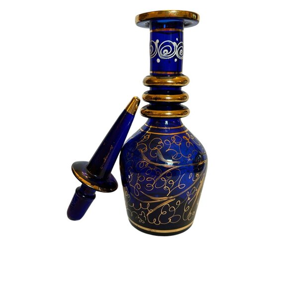 Vintage Bohemian Persian Hand-Painted Cobalt Blue & Gold Glass Decanter - Picture 6 of 13